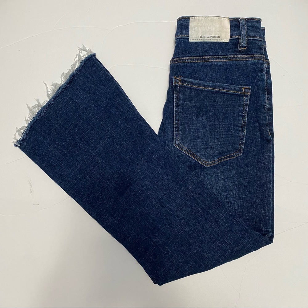 Women's‎ Cropped High Rise Straight Leg Raw Hem Dark Wash Denim Blue Jeans 24x22